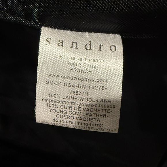 Sandro Black Trench Coat with Asymmetrical Design 100% Wool with Leather Trim - Picture 6 of 6